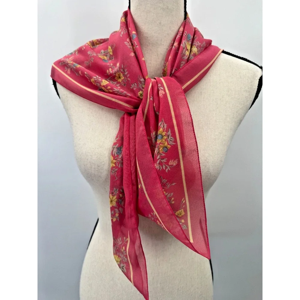 Vintage Dainty Floral Pink Silk Chiffon Large Square Scarf Head Wrap 31.5